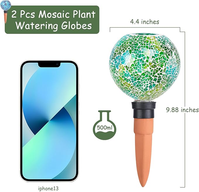 Terracotta Watering Spikes Mosaic Plant Watering Globes for Outdoor Plants 2 Pack Automatic Plant Waterer Indoor for Pots Garden Office