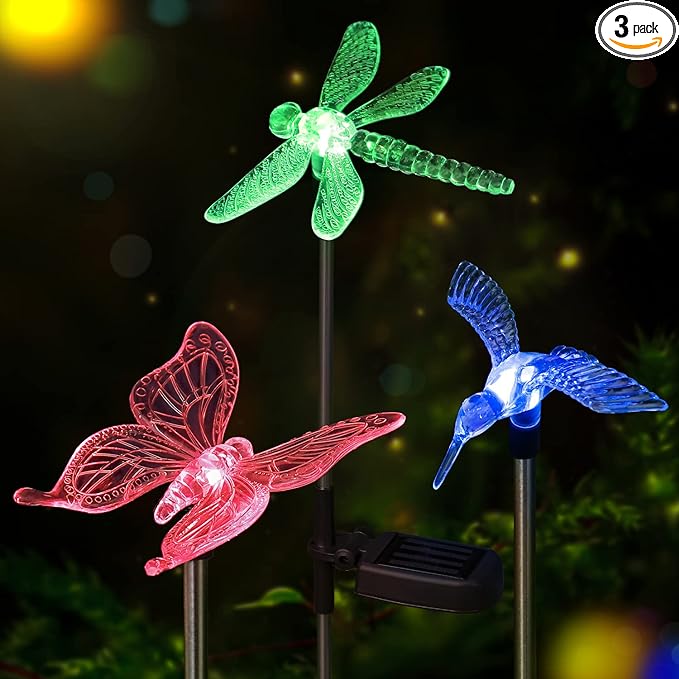 Solar Pathway Lights - 3 Pack Solar Stake Lights Outdoor, Color Changing Solar Powered Halloween Decorative Landscape Lighting Hummingbird Butterfly Dragonfly for Patio Yard Pathway Lawn Walkway