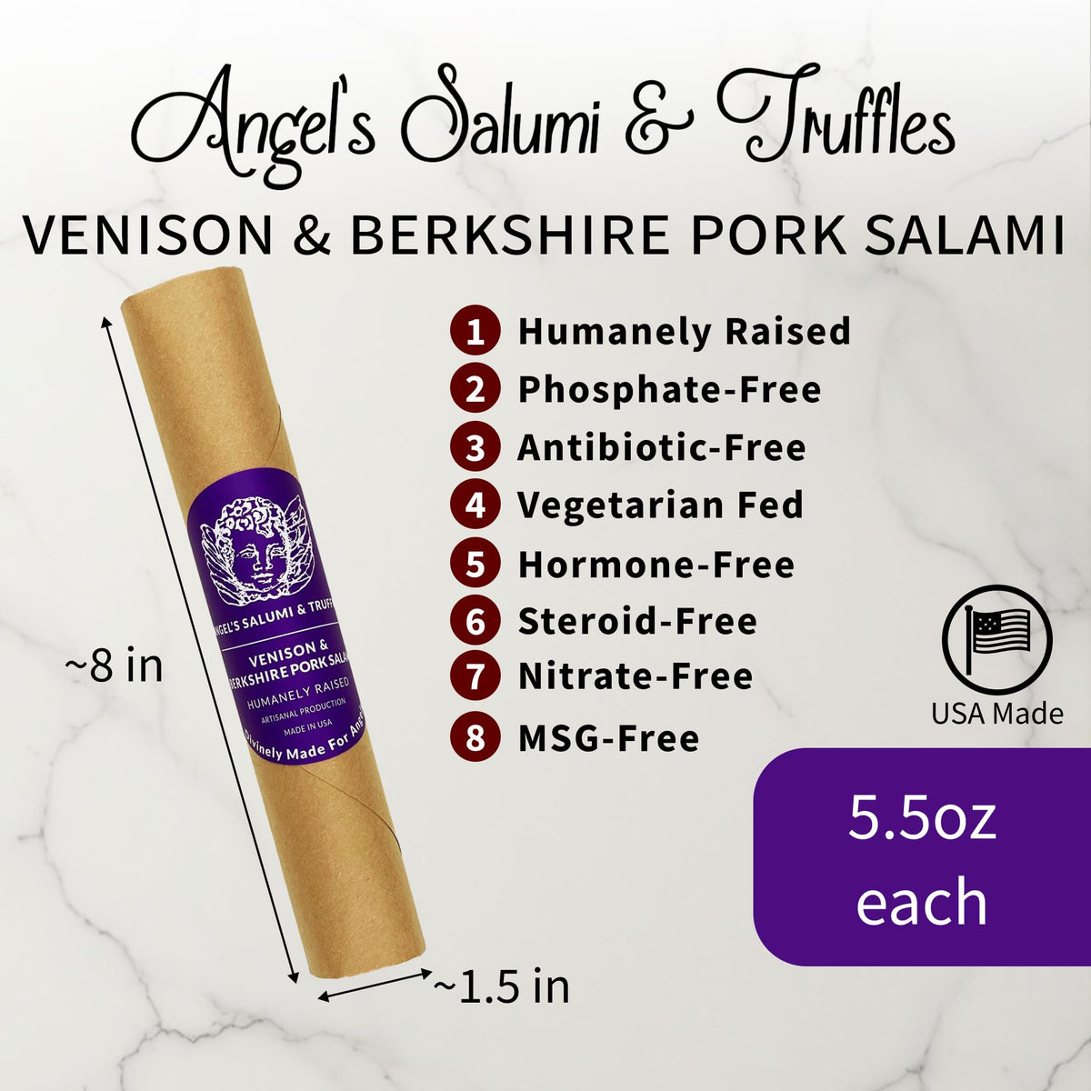 Angel's Salumi Venison & Berkshire Pork Salami - 5.5 oz Gourmet Artisanal Charcuterie - Humanely Raised, Vegetarian Fed, No Antibiotics, Hormones