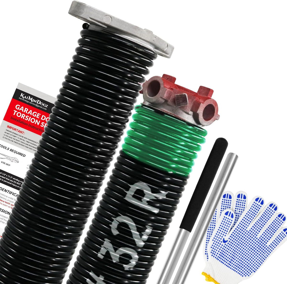 Pair of 1.75" Garage Door Torsion Springs Set with Non-Slip Winding Bars&Gloves, High Precision Electrophoresis Oil-Free Black Coated for Replacement, MIN 16,000 Cycles (0.243 x 1.75"x 32")