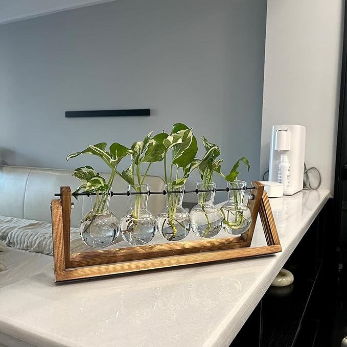 Kingbuy Plant Propagation Station with 5 Bulb Vases Retro Wooden Stand Desktop Glass Planter Terrarium for Hydroponics Plants Home Office Décor