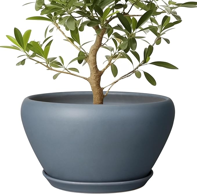 Ceramic Planter - 13 Inch Planter for Indoor Plants Large Plant Pot with Drainage Hole and Saucer Round Outdoor Planter Modern Flower Pot for Home Decor Gray