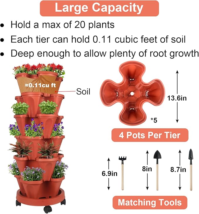 Vertical Planter 6 Tier Stackable Planters Garden Planters Strawberry Herb Flower and Vegetable Planter Indoor Outdoor Gardening Pots with Removable Wheels and Tools 2-Pack