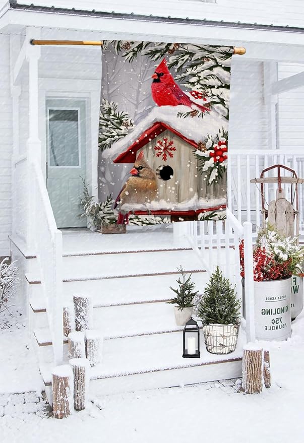 BLKWHT Winter Cardinal Bird House Flag 28 x 40 Vertical Double Sided Trees Snow Christmas Holiday Outside Decorations Burlap Yard Flag BW735-40