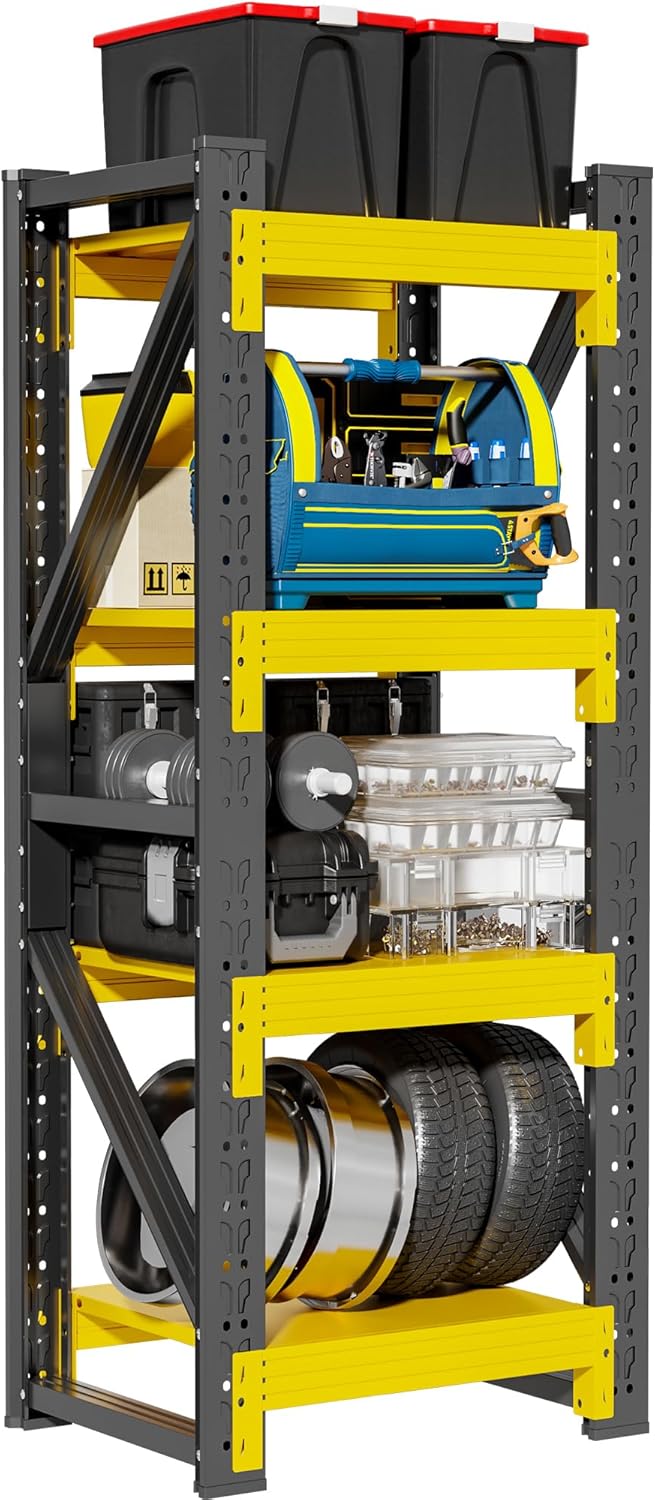 4-Tier Storage Shelves,79" H Heavy-Duty Garage Shelving Unit,Adjustable Industrial Metal Shelf System,3,200lbs Capacity,Tool Organizer for Garage,Workshop,32" W*20" D*79" H,Black&Yellow