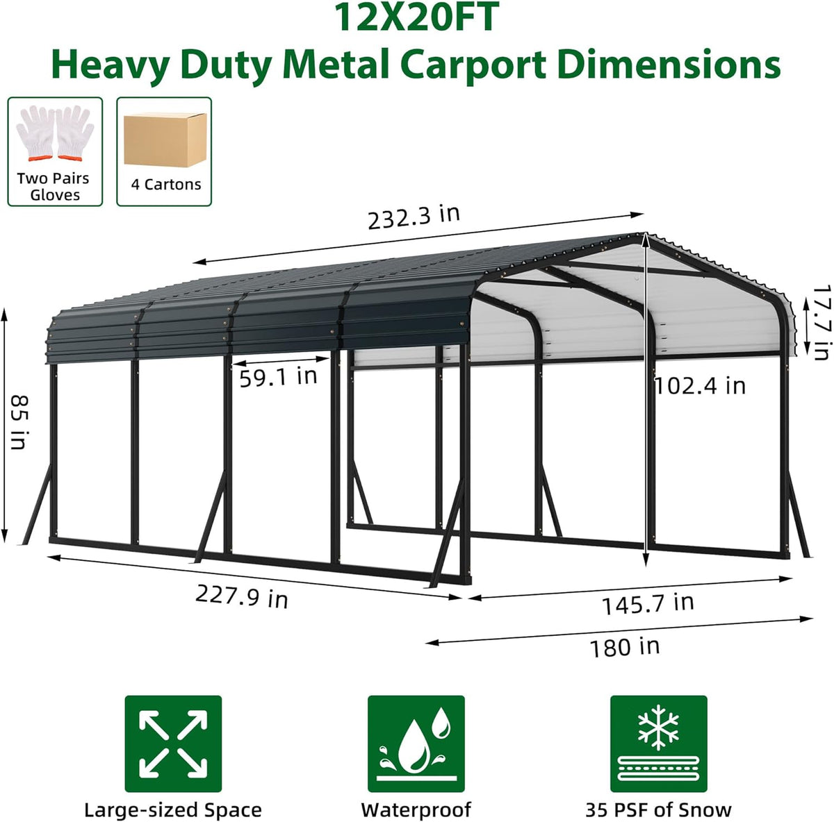 12' x 20' x 8.5' Heavy Duty Metal Carport with Galvanized Steel Roof, Steel Carport Kits Outdoor with Metal Roof, Galvanized Car Shelter for Tractors, Pickup, Boat, Car