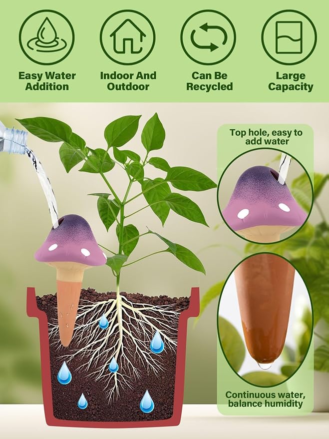 Kalolary 4Pcs Plant Watering Globes, Self Watering Spikes Terracotta Drip Water Stakes Irrigation Watering Bulbs for Pot, Indoor, Outdoor, Vacation ﻿(Gradient Mushroom)