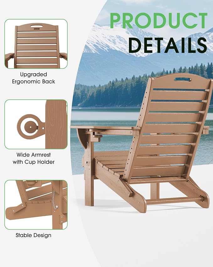 Folding Adirondack Chair HDPE All-Weather Adirondack Chairs with Cup Holder, Outdoor Fire Pit Chairs Lawn Chair for Deck Patio Garden (Teak)