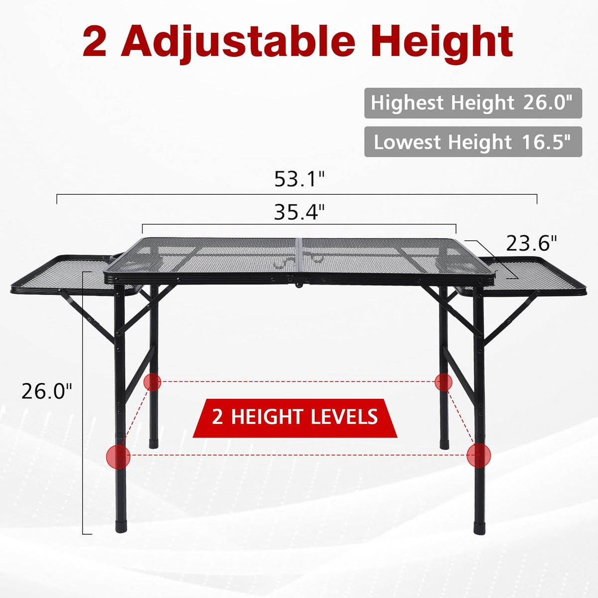 Folding Grill Table, 3x2 FT Portable Camping Table with 2 Wing Panels, Height Adjustable Metal Tables with Mesh Desktop and Mesh Bag, Outdoor Furniture for Camping, Picnic, Beach and BBQ, Black