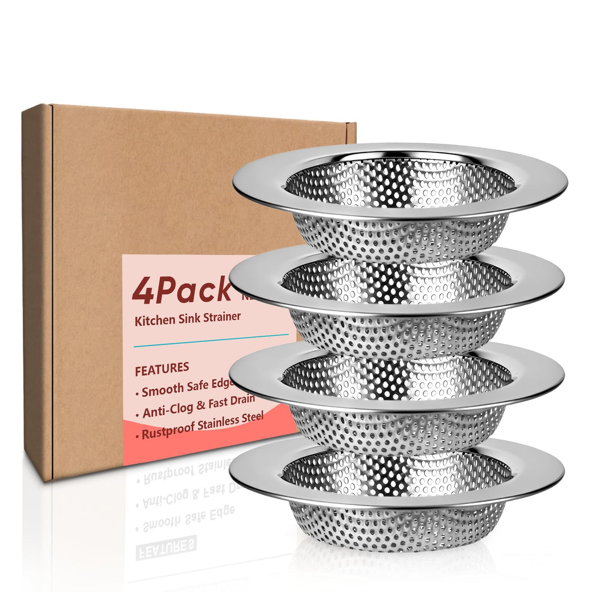4 Pack Kitchen Sink Strainer, 304 Stainless Steel Sink Drain Strainer, 2mm Micro-Perforated Food Catcher Basket, Wide Rim Anti-Clog Filter, Fit 4.5in Sinks & Garbage Disposals, Dishwasher Safe