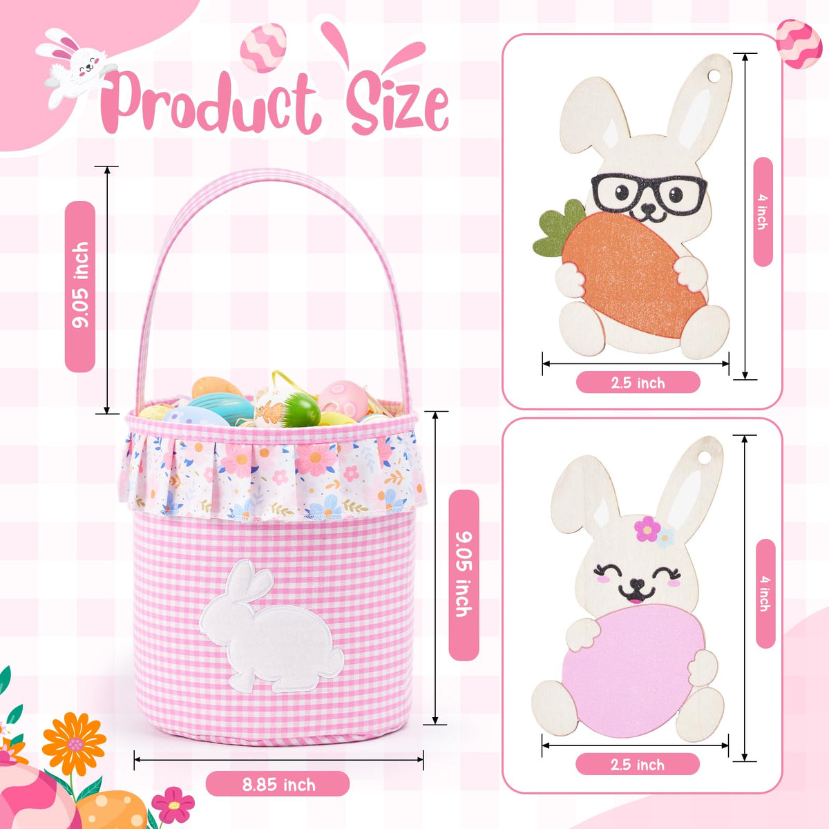 Munidow Easter Baskets for Toddler Boys Set of 2 With Wooden Tag Bunny Egg Basket Gingham Bucket Candy with Handle Tote Bucket Reusable Goody Baskets
