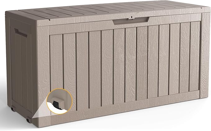 80 Gallon Outdoor Storage Box with Wheels, Waterproof Lockable Resin Deck Box Patio Storage Bin for Pool Accessories Cushion Furniture, Garden Tools, UV-Resistant Outside Delivery Grey