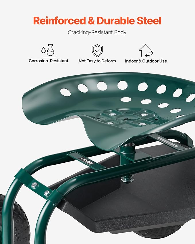 VEVOR Rolling Garden Cart with Swivel Seat, Heavy Duty Garden Seat with Storage Basket & Tool Tray, 300 lbs Weight Capacity, Outdoor Utility Gardening Stool Scooter for Lawn Yard Planting Weeding