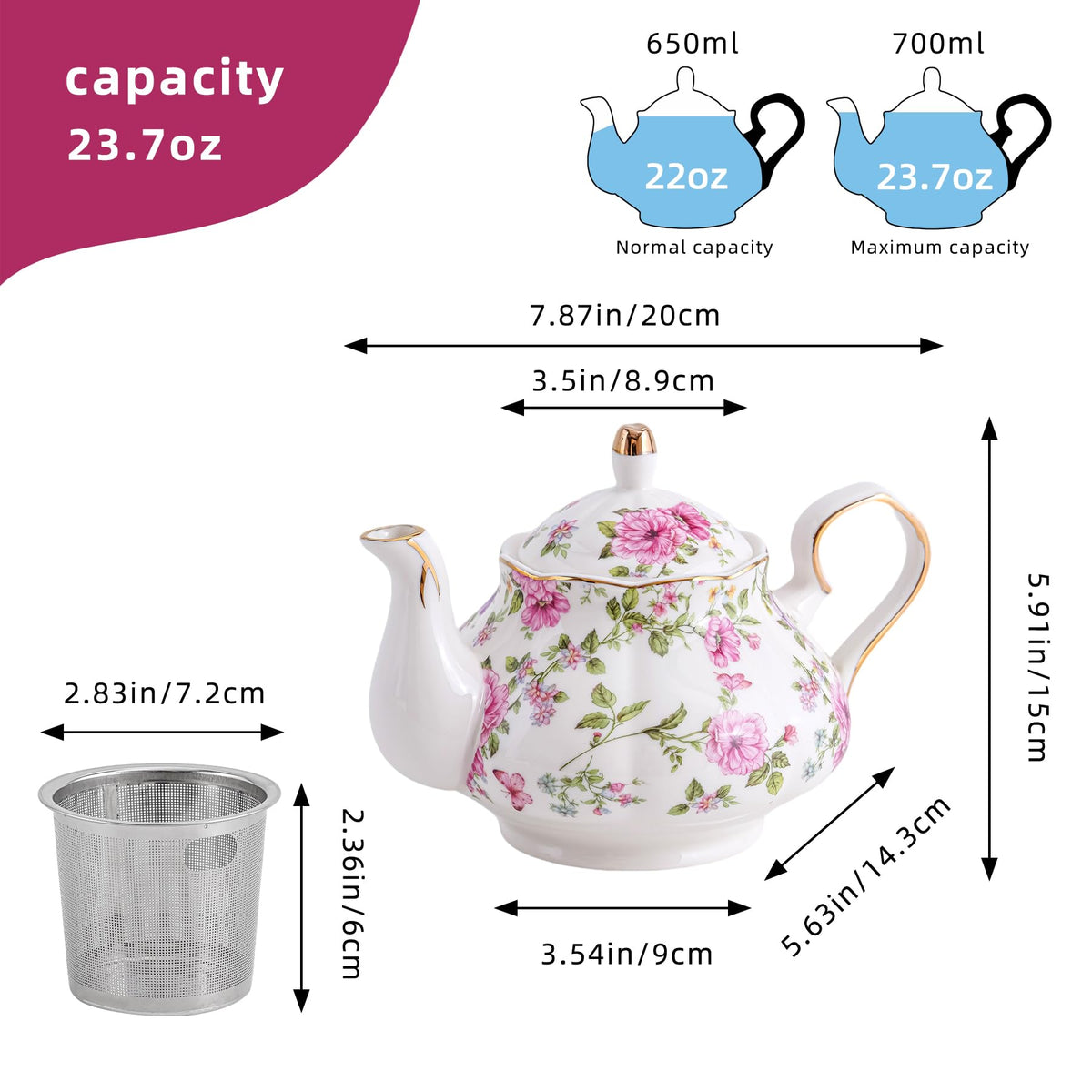 Cozierlavie Small Ceramic Floral Teapot，22oz Tea Pot with Infuser for Blooming and Loose Tea, Coffee，milk(Pink and purple flowers, With tea strainer)