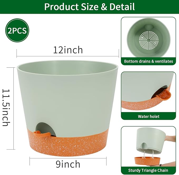 GARDIFE 12 inch Plant Pots, planters, Self Watering Pots, 2 Pack Large Plastic Flower pots with Deep Reservior and High Drainage Holes for Indoor Outdoor Plants and Flowers, Green