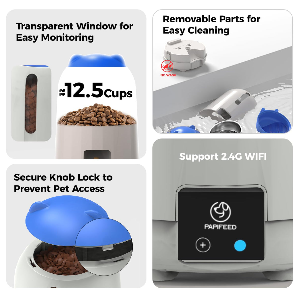 PAPIFEED Automatic Cat Feeder with App, 2.4G WiFi Cat Food Dispenser, 3L Timed Cat Feeders for Dry Food, 10 Meals/Day, 6 Portions/Meal, Dual Power Supply Smart Pet Feeder for Cat, Blue