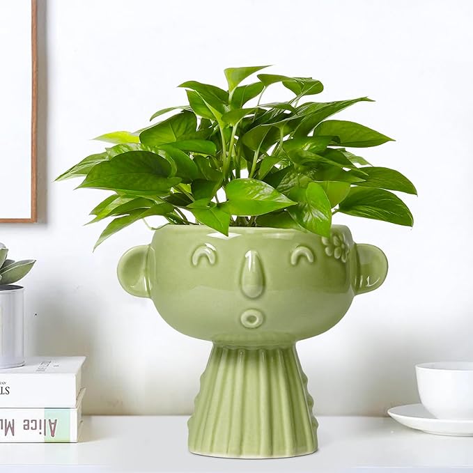 Face Planter Pot - 7 Inch Ceramic Head Planter for Indoor Plants Outdoor, Cute Succulent Flower Pots with Drainage Hole, Room Home Garden Decor, Gardening Gifts, Green