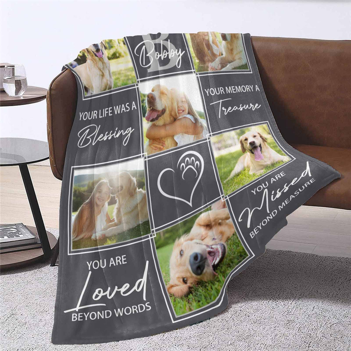 Custom Blanket with Dog Picture Name Personalized Text Blanket Photo Collage Memorial Gift Loss Dog Sympathy Remembrance Gift for Pet Lover Pet Memorial Gifts for Dogs