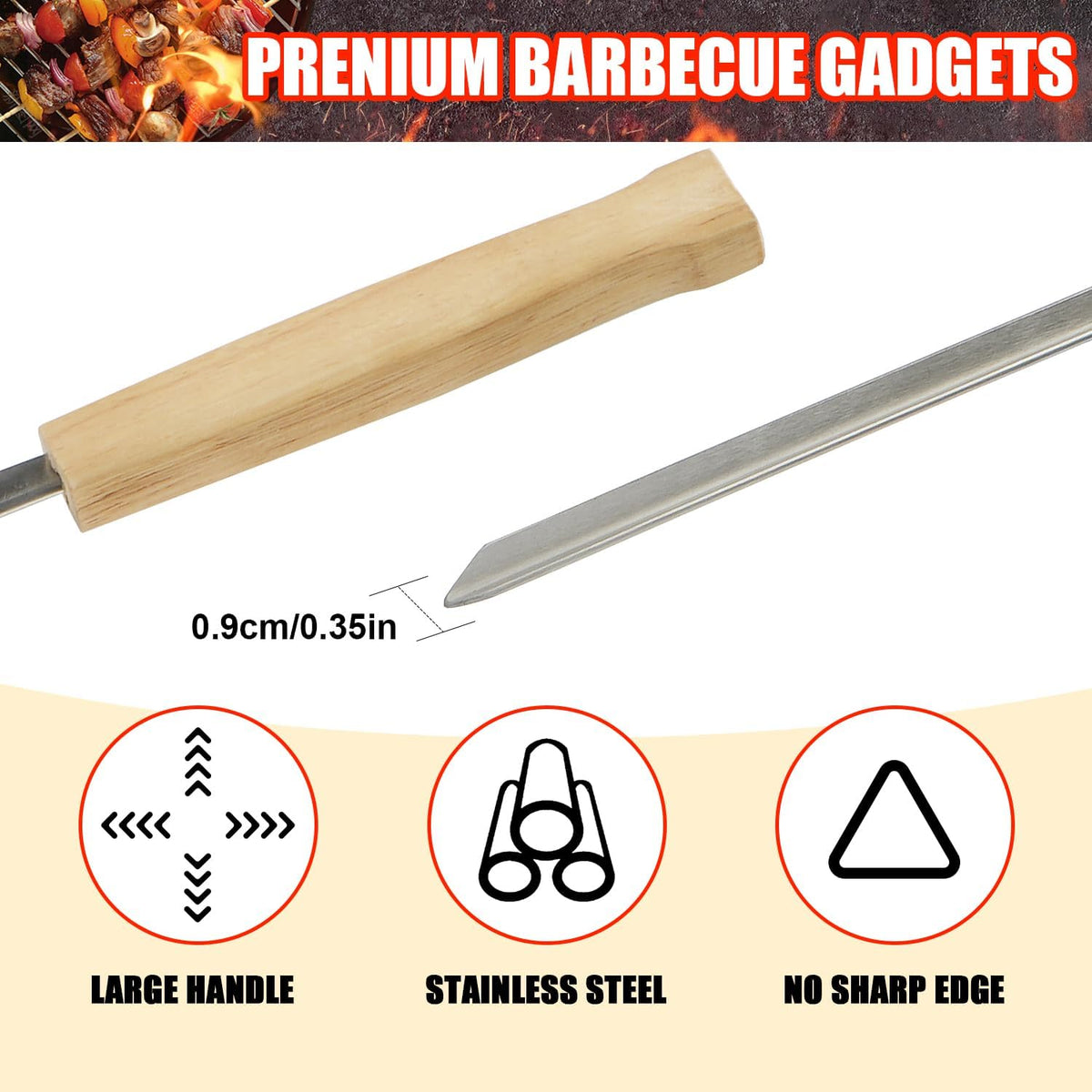 SHIKORI Kabob Skewers,BBQ Barbecue Skewers,Stainless Steel Sticks,24 Inch Heavy Duty Large Wide Reusable,with Nonslip Wooden-12 Pcs