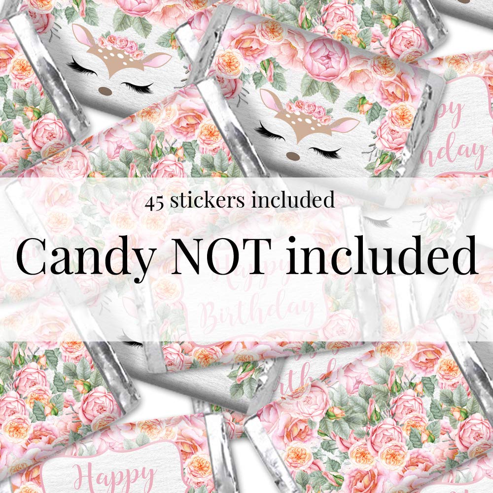 Oh Deer Woodland & Watercolor Floral Themed Birthday Party Mini Chocolate Candy Bar Sticker Wrappers for Kids, 45 1.4" x 2.6" Wrap Around Labels by