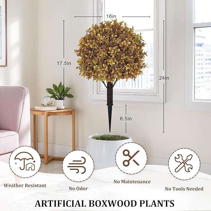24" Tall Artificial Boxwood Ball Fall Topiary Trees Set of 2, UV Resistant Large Faux Plants Outdoor, 2ft Fake Bushes and Shrubs Look Real with Stake for Front Porch Outside Planter Backyard Decor