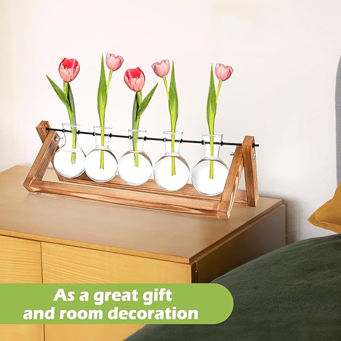 Retro Wood Stand Plant Terrarium with 5 Air Planter Bulb Glass Vases, Perfect for Home, Office, or Wedding Decor. Great Desktop Propagation Station and Plant Lover Gift for Women (5 Bulb Vase)