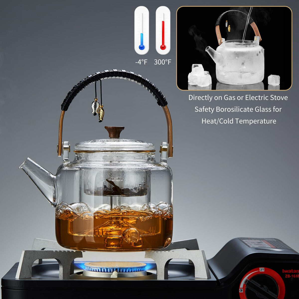 UNBREAKABLE Borosilicate Glass Teapot with Infuser & Lid, 1090ml, Stovetop