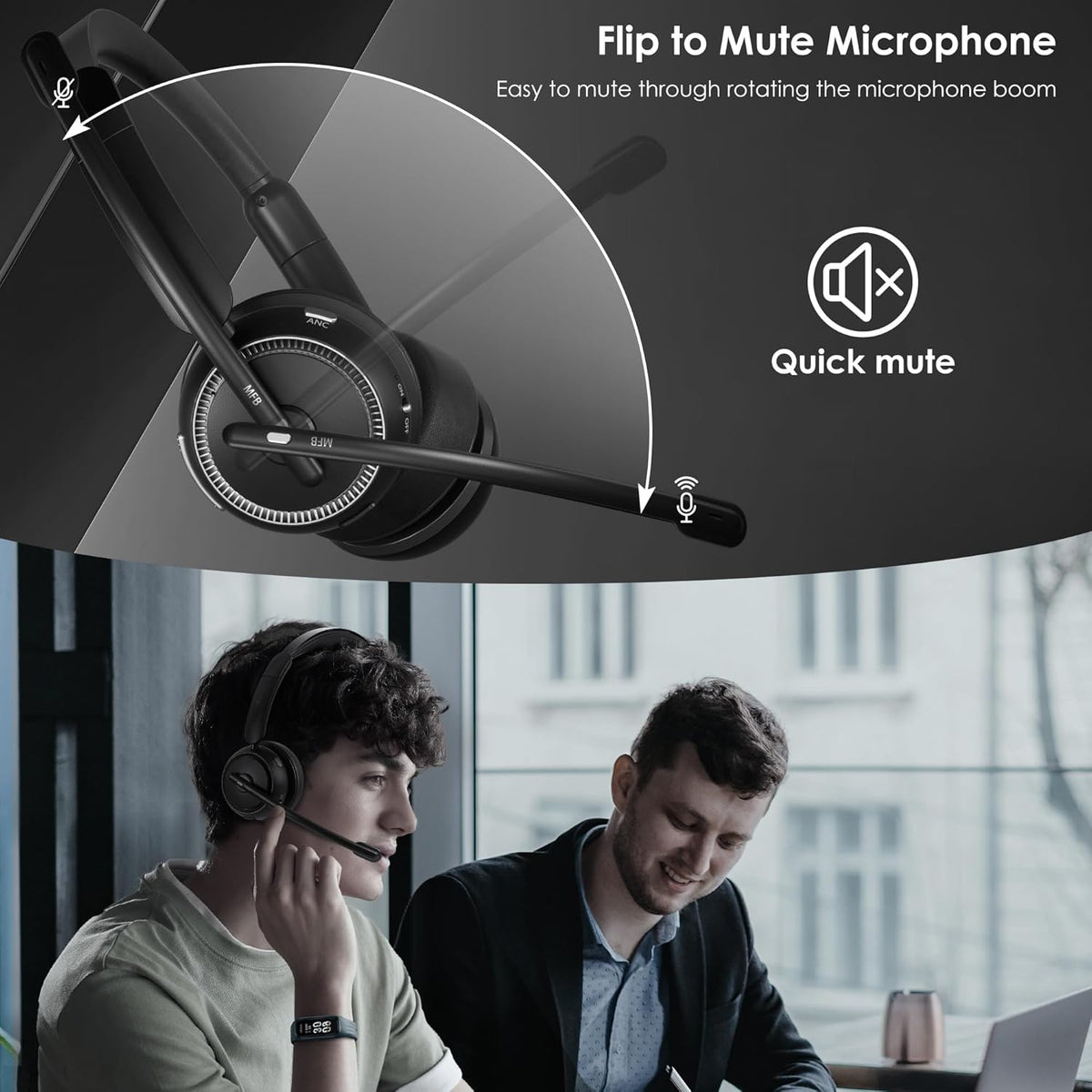 Wireless Headset with ANC & ENC, Bluetooth 5.4 Headset with USB Dongle, Wireless Headphones with Flip-to-Mute Microphone for Work from Home/Office/PC/Cell Phones