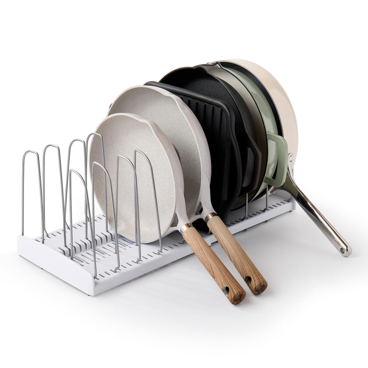 YouCopia StoreMore Expandable Cookware Rack with Tall Steel Wires, 12.5"-21.5" Wide Adjustable Pan Organizer for Kitchen Cabinet Storage, Premium Edition