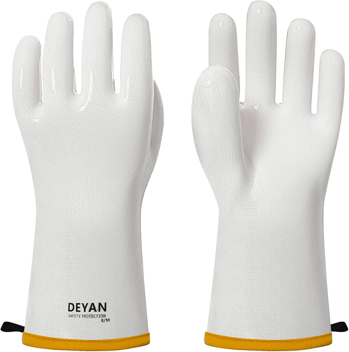DEYAN Silicone BBQ & Oven Gloves - Food Grade, Heat Resistant Waterproof & Oil Proof Gloves for Grilling, Baking, Frying, Cooking - Long Sleeve & Non-Slip, 1 Pair (White, 9/L)