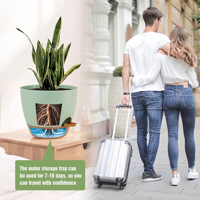 Large Self Watering Pots, 12/10/9 Plastic Planters with High Drainage Holes and Deep Reservoir for Indoor Outdoor Garden Plants and Flowers, Green with Brown