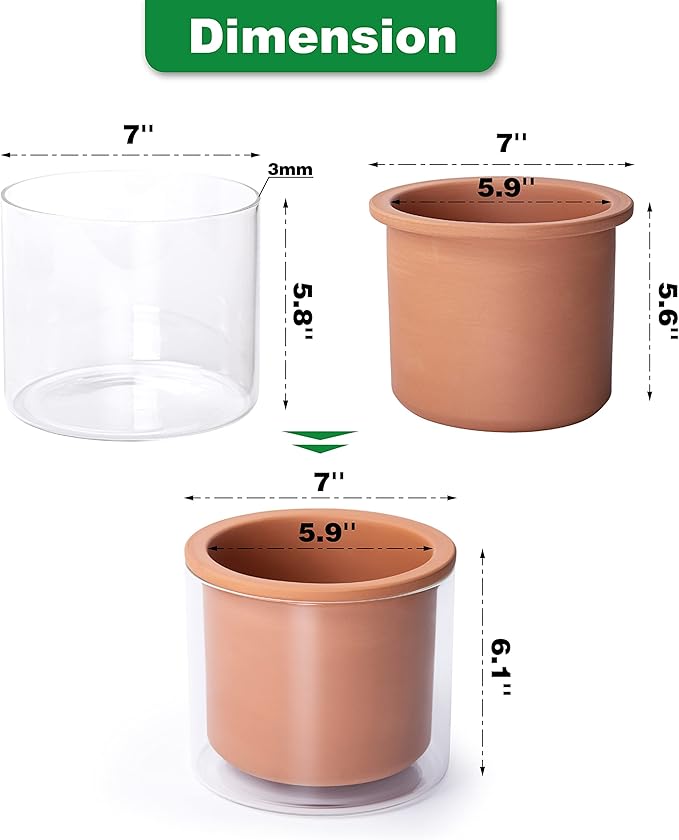 Phoenix Vine 6 Inch Self Watering Plants Pot, Design Terracotta Pot for Plants, Indoor Cylinder Terra Cotta Planter with Glass Vase, Set of 1, 51-A-F-1