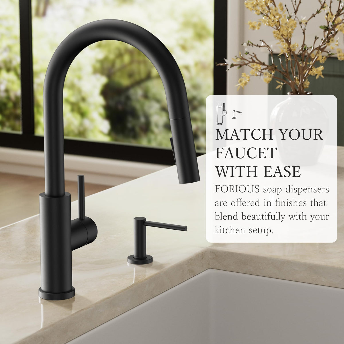 FORIOUS Soap Dispenser for Kitchen Sink, Matte Black Stainless Steel