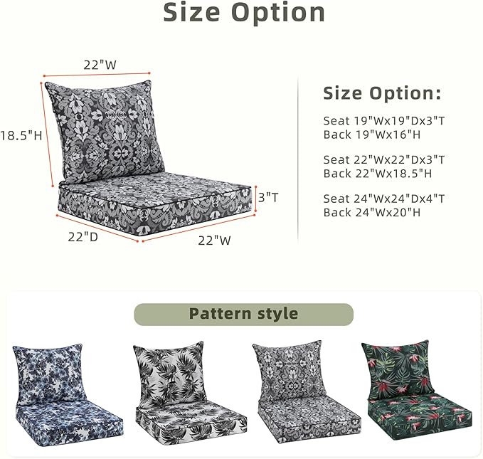 Favoyard Outdoor Seat Cushion 22 x 22 x 3 in Waterproof Pattern Fade Resistant Cover Removable Patio Furniture Cushions Deep Seat & Back Cushion Set with Adjustable Straps for Patio Chair Sofa Couch