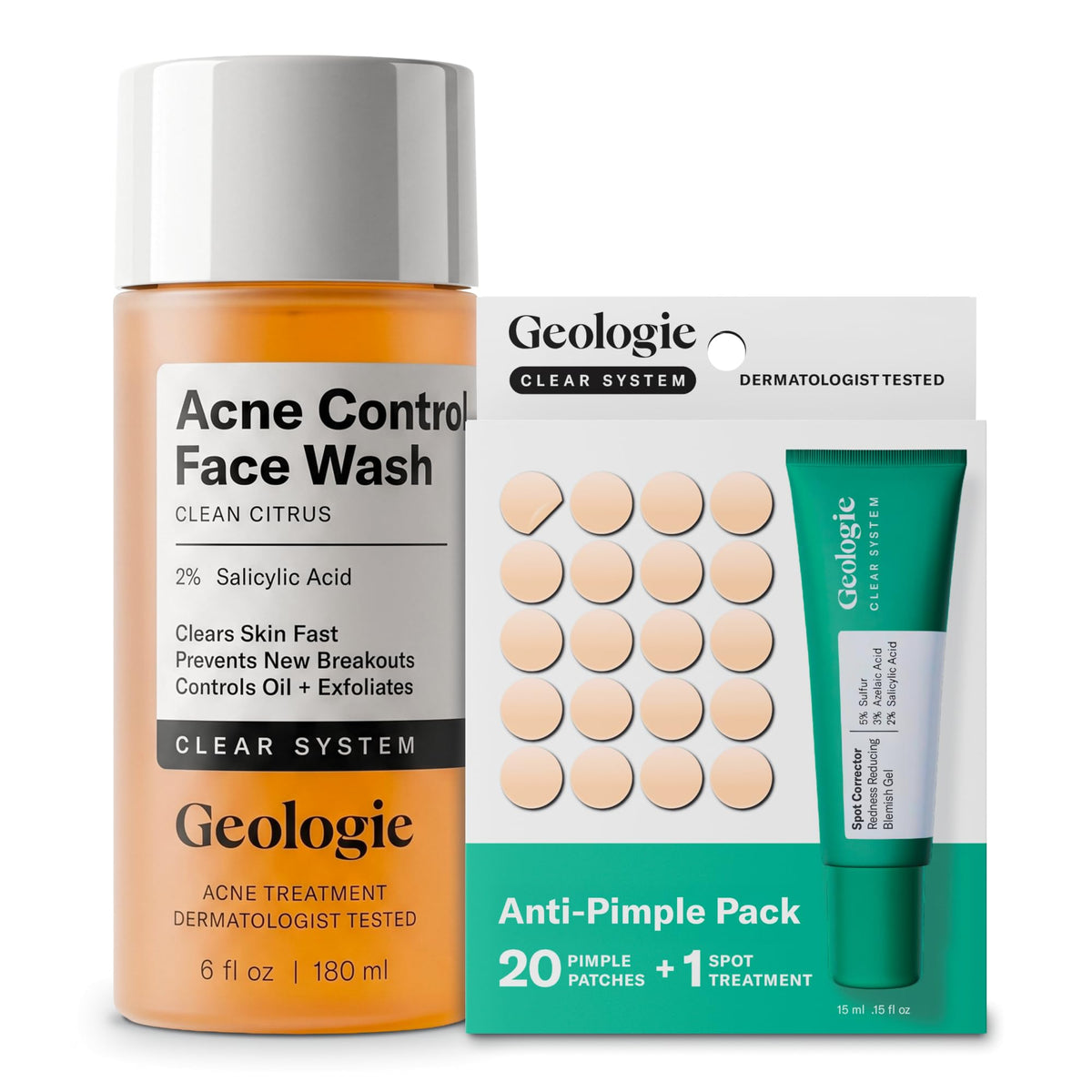 Geologie Acne Control Face Wash and Anti-Pimple Pack Bundle, Salicylic Acid, Spot Treatment, Hydrocolloid Pimple Patches, BPO-Free, 2-Piece Set