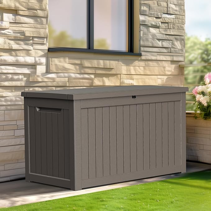 230 Gallon Resin Deck Box, Lockable Patio Outdoor Storage Box for Furniture, Garden Tools and Tools Storage, Waterproof Outside Storage Boxes - Grey