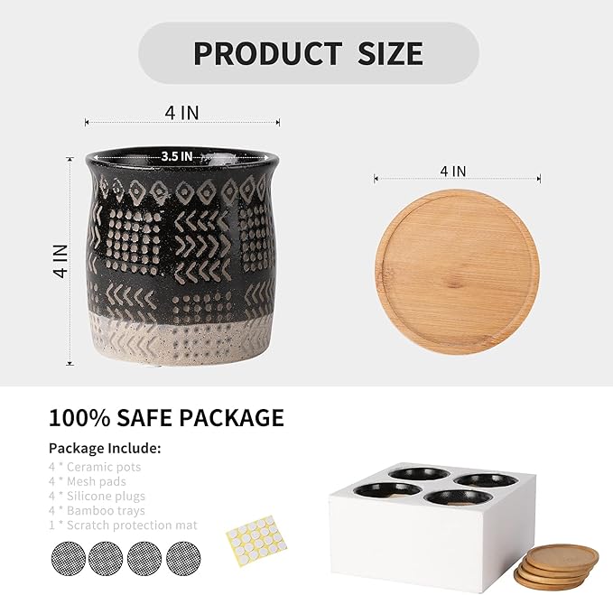 OMAYKEY 4 Inch Ceramic Plant Pot with Tray, Retro Black Small Planters Pots with Drainage Hole & Mesh Pads for Succulent, Indoor Flowers, Snake Plants, Cactus, Herbs, Aloes - 4 Packs