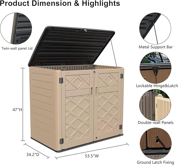HOMSPARK Storage Shed Weather Resistance, Multi-Purpose Outdoor Storage Cabinet for Backyards and Patios, Horizontal Storage Shed for Lawnmower, Patio Accessories (Coffee, X Large - 48 cu.ft)