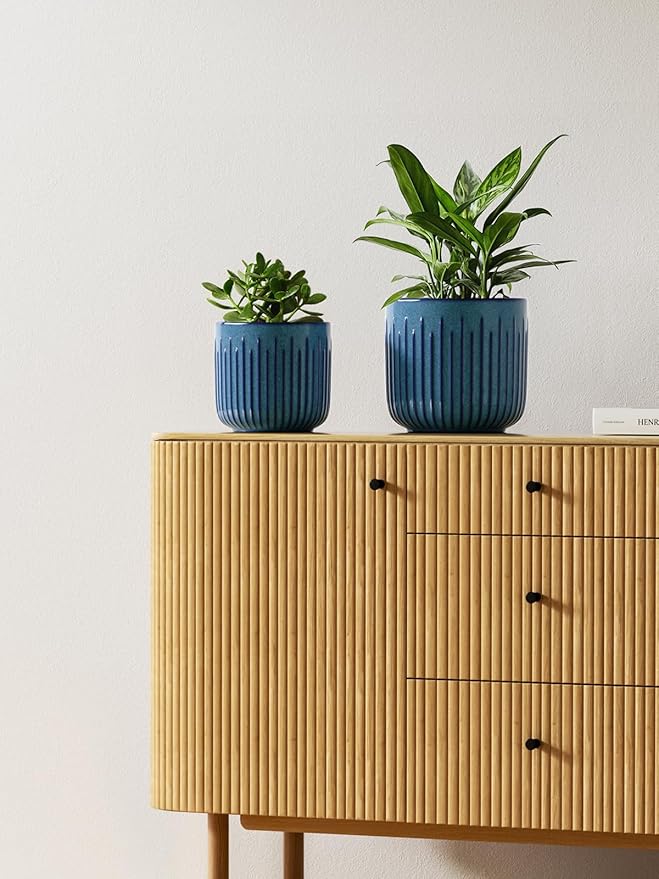 LE TAUCI Fluted Ceramic Planters Set of 3 – 8.3/7 / 5.7 in Ocean Blue Reactive Cylinder Indoor Plant Pots with Drainage Plug & Mesh, Glossy Stoneware Flower Pots for Succulents Herbs