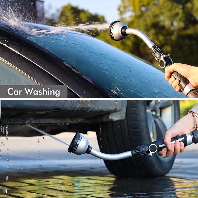 RESTMO Watering Wand Heavy Duty, Metal Garden Hose Wand with Thumb Flow Control, 15-Inch Long Hose Nozzle Sprayer with 10 Spray Patterns, Ideal to Water Hanging Baskets and Shrubs, Silver