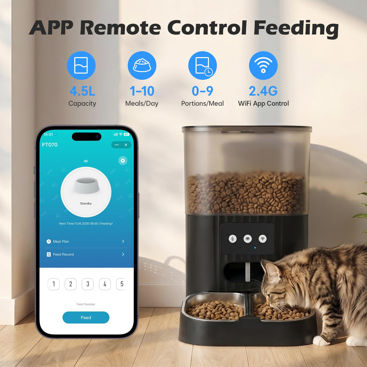 PEYAKO Automatic Cat Feeder, WiFi Cat Food Dispenser with App Control, Smart Dry Pet Food Feeder, 1–10 Meals Per Day, Voice Recording & Stainless Steel Dual-Bowl for Small Pets Indoor(4.5L, Black)