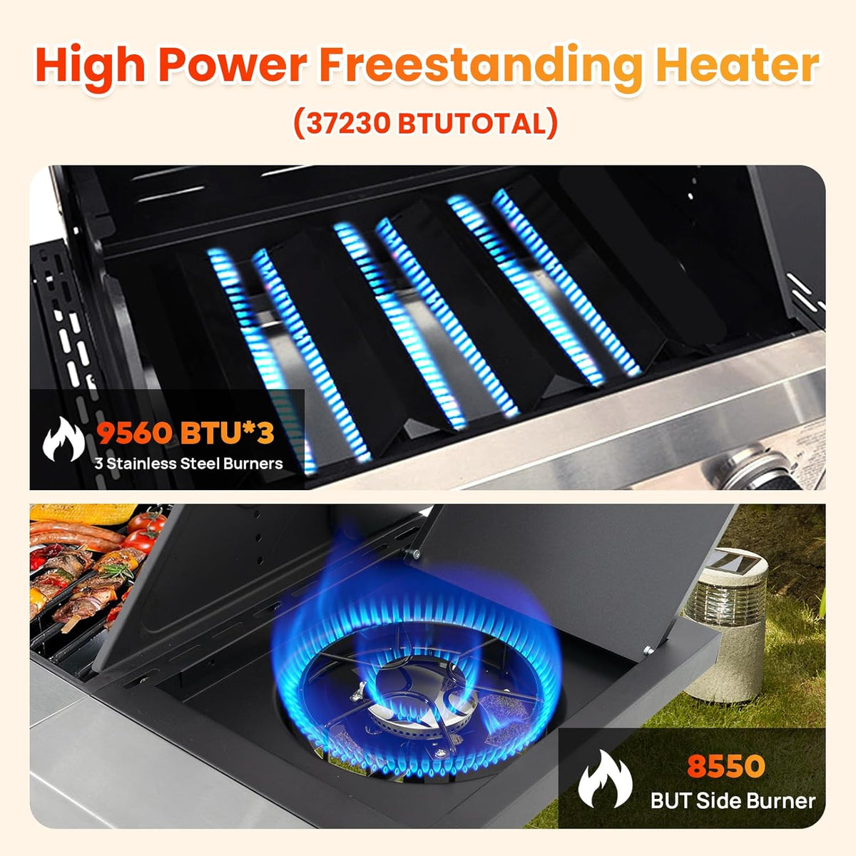 3 Burner Propane Gas BBQ Grill with Side Burner, Porcelain-Enameled Cast Iron Grates, Smoke Control Handle, 37,230 BTU Stainless Steel Grill for Outdoor Camping Barbecue Grilling Backyard Cooking
