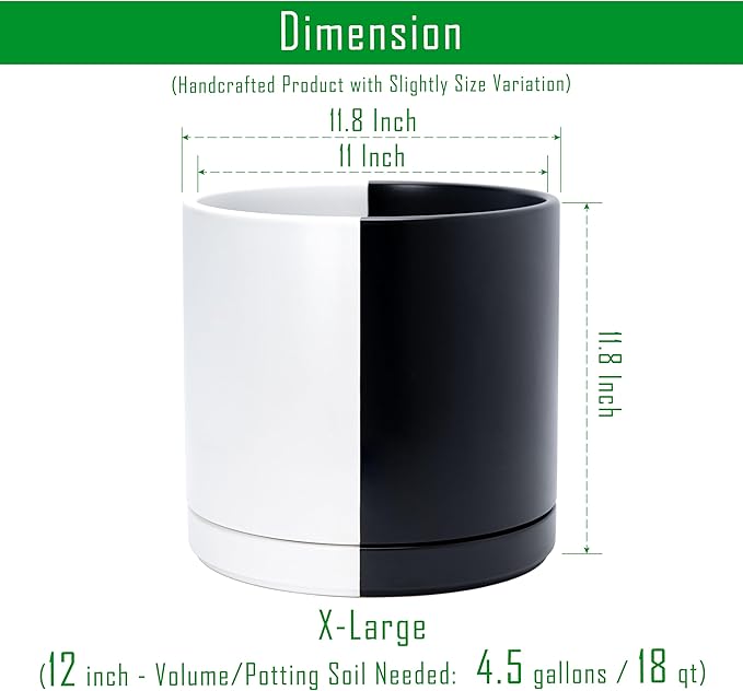 D'vine Dev 12 Inch Ceramic Planter Pot with Drainage Hole and Saucer, Indoor Cylinder Round Planter Pot, Split Monochrome Black & White, 94-O-F-0