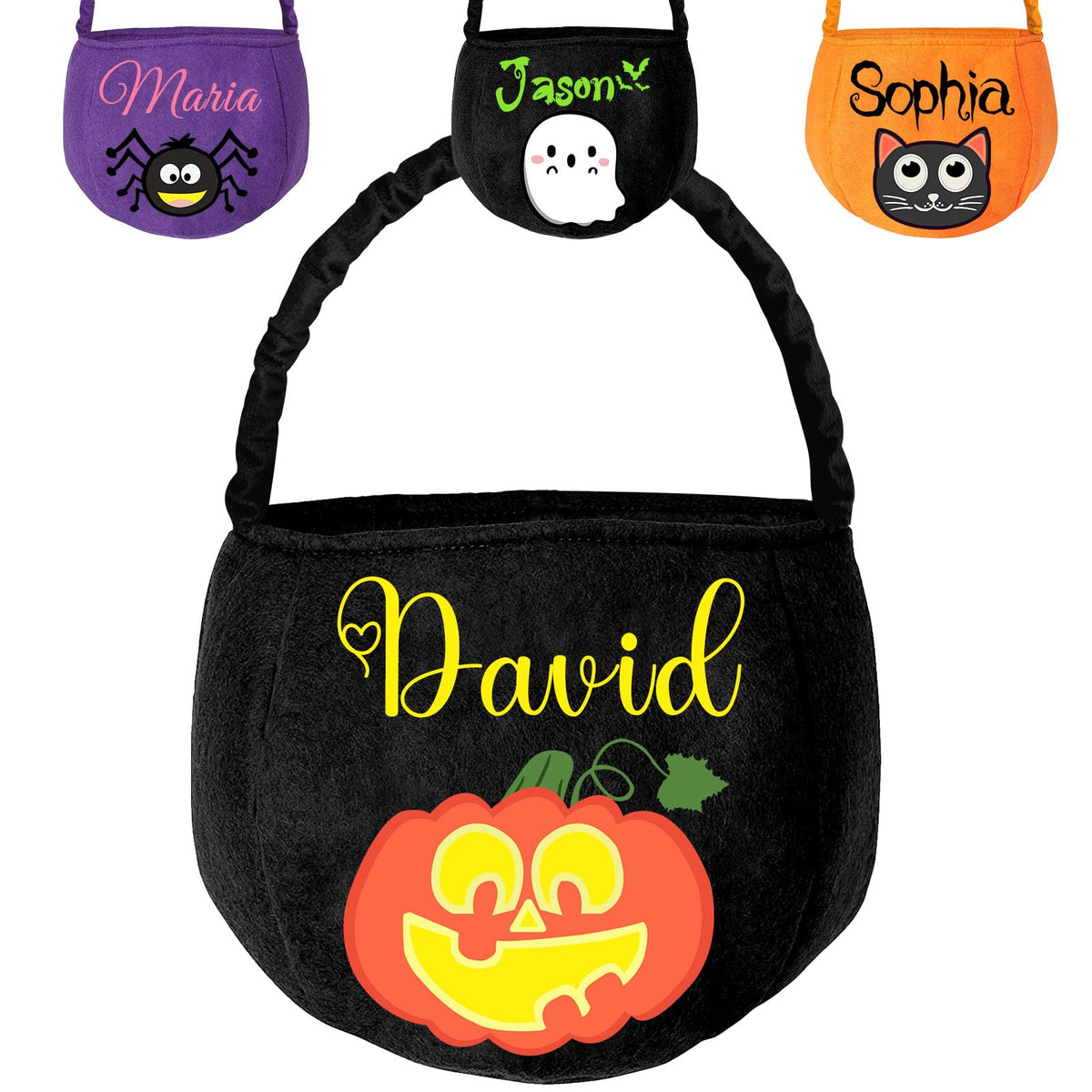 PFTPOW Personalized Halloween Basket with Name Custom Halloween Trick or Treat Bucket Bag Customized Candy Baskets Gift for Kids Boys Girls Black