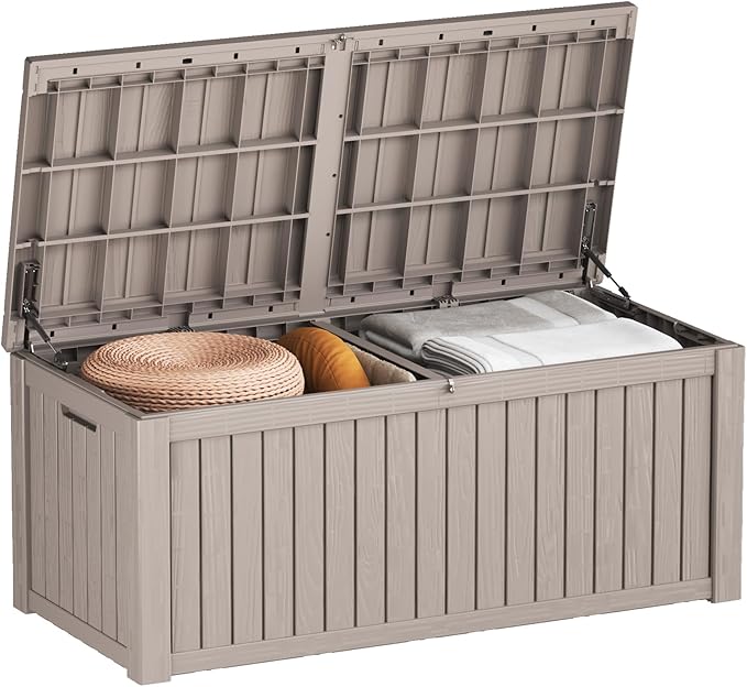 180 Gallon Resin Deck Box, Waterproof Outdoor Storage Bin for Patio Furniture, Pool Accessories, and Garden Tools, Lockable & UV-Resistant, Grey