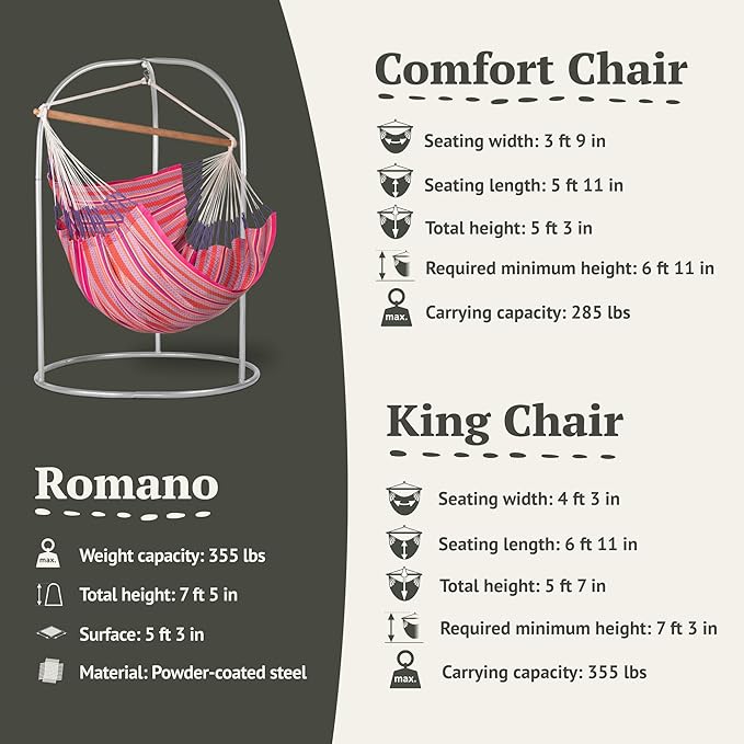 LA SIESTA - XL King Habana Cotton Hammock Chair & Romano Steel Stand - Indoor/Outdoor Hanging Chair Swing for Bedroom, Porch, Balcony - Boho Flamingo