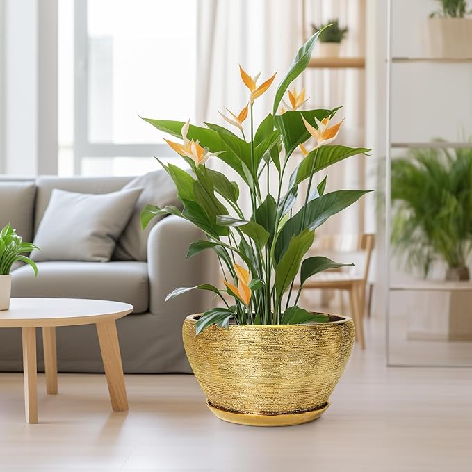 Ceramic Planter 13 Inch - Indoor Plant Pot with Drainage Hole and Saucer Large Ceramic Pot for Plants Mid-Century Decorative Modern Outdoor Flower Pot for Home Decor Gold