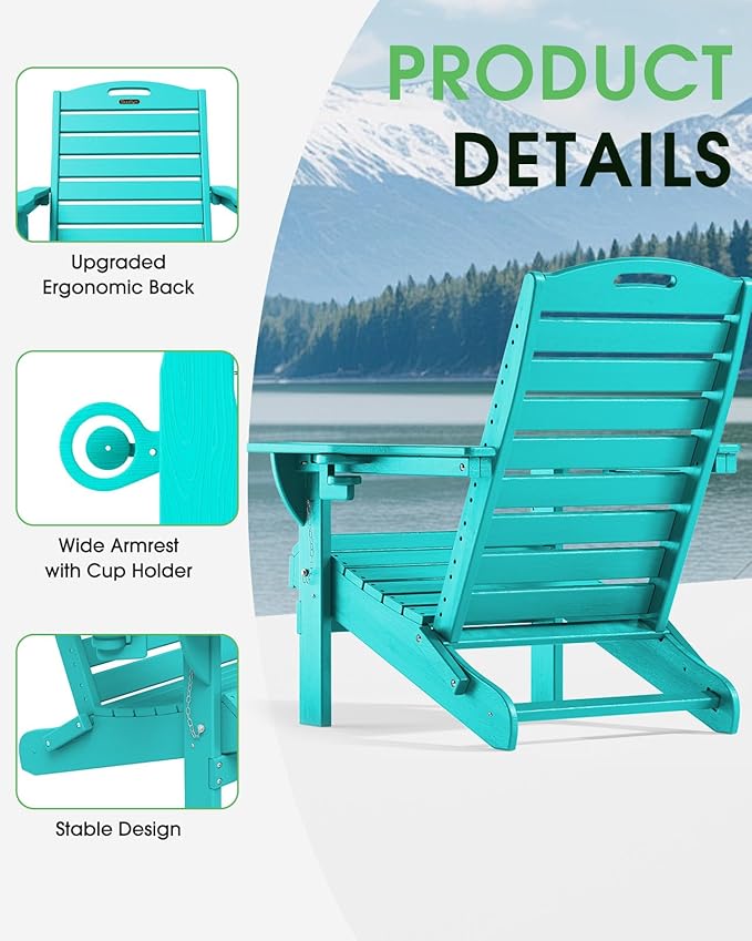 Adirondack Chairs Set of 2, Outdoor Fire Pit Chairs, HDPE All-Weather Adirondack Chairs with Cup Holder, Lawn Chair for Deck, Patio, Garden (Lakeblue)