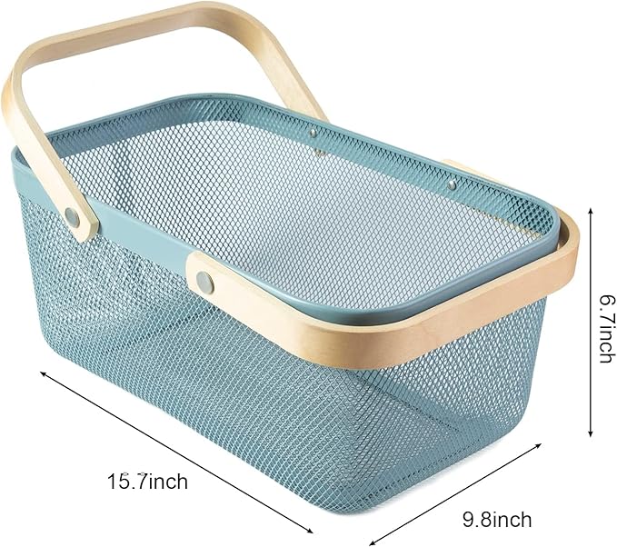 Portable Garden Harvest Basket-Mesh Design Natural Bamboo Handle Wire Storage Baskets,Mesh Basket with Handle Organize Items Reduce Space Occupation,Suitable for Kitchen,Garden,Picnic(Blue)