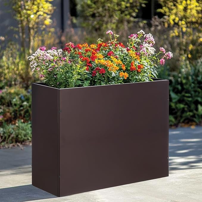Metal Rectangular Planter Box Tall Planters for Outdoor Plants Modern Heavy Duty with Drainage Holes for Outside Indoor Patio Deck - Brown, 32”x 12”x 24”